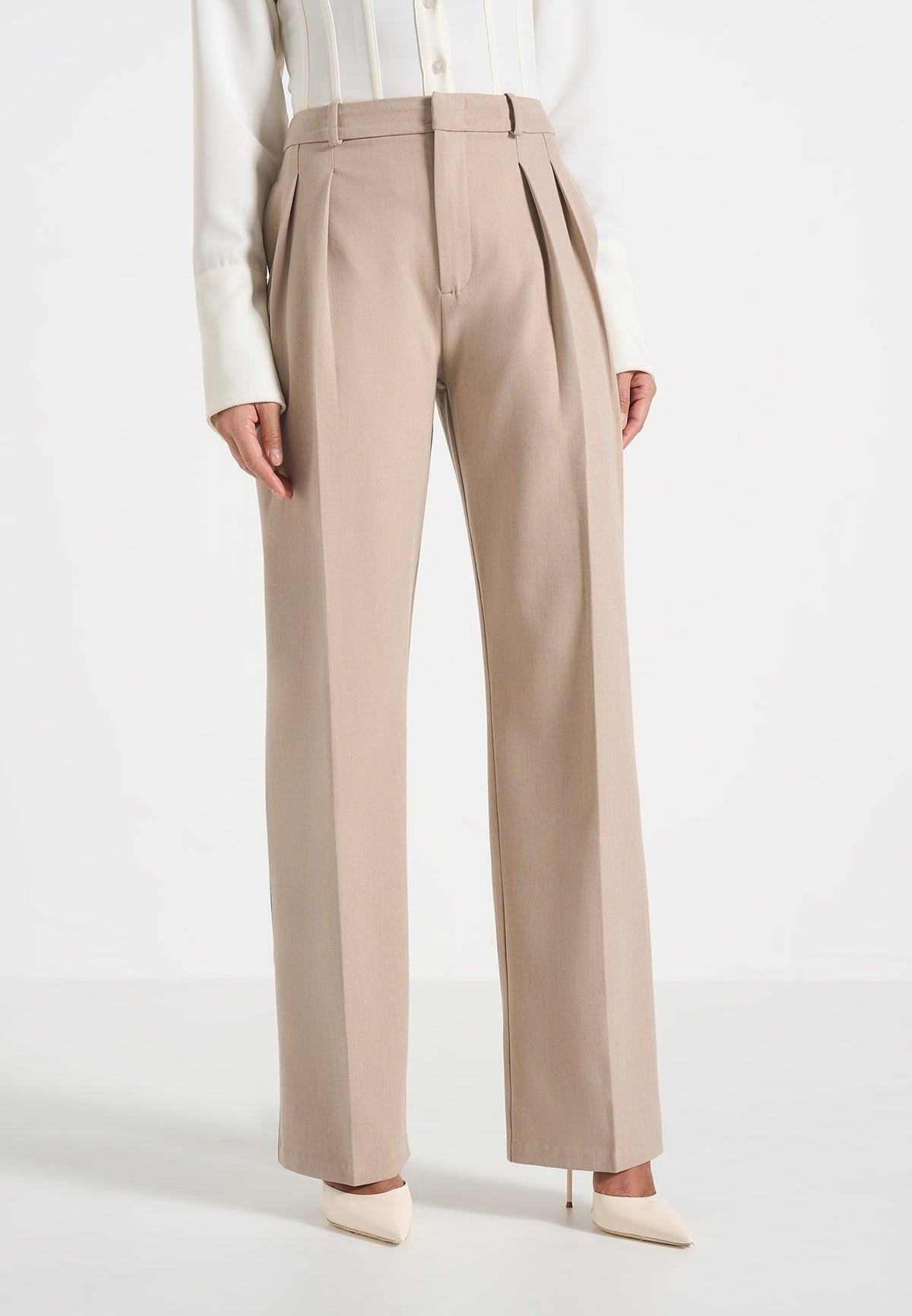 Julie - Tailored Twin Pleat Pants - Beige