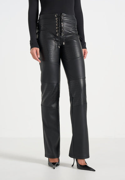 seren-croc-embossed-lace-up-trousers-black