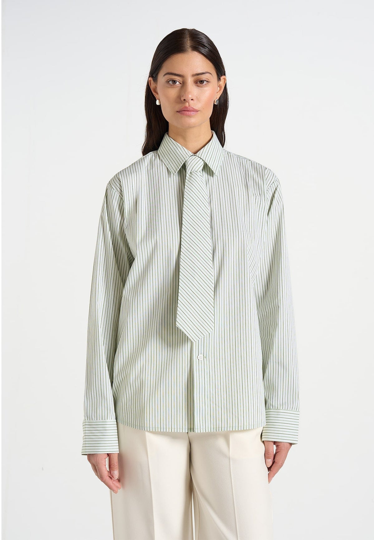 Dylan - Unisex Pinstripe Long Sleeve Shirt With Detachable Tie - Sage