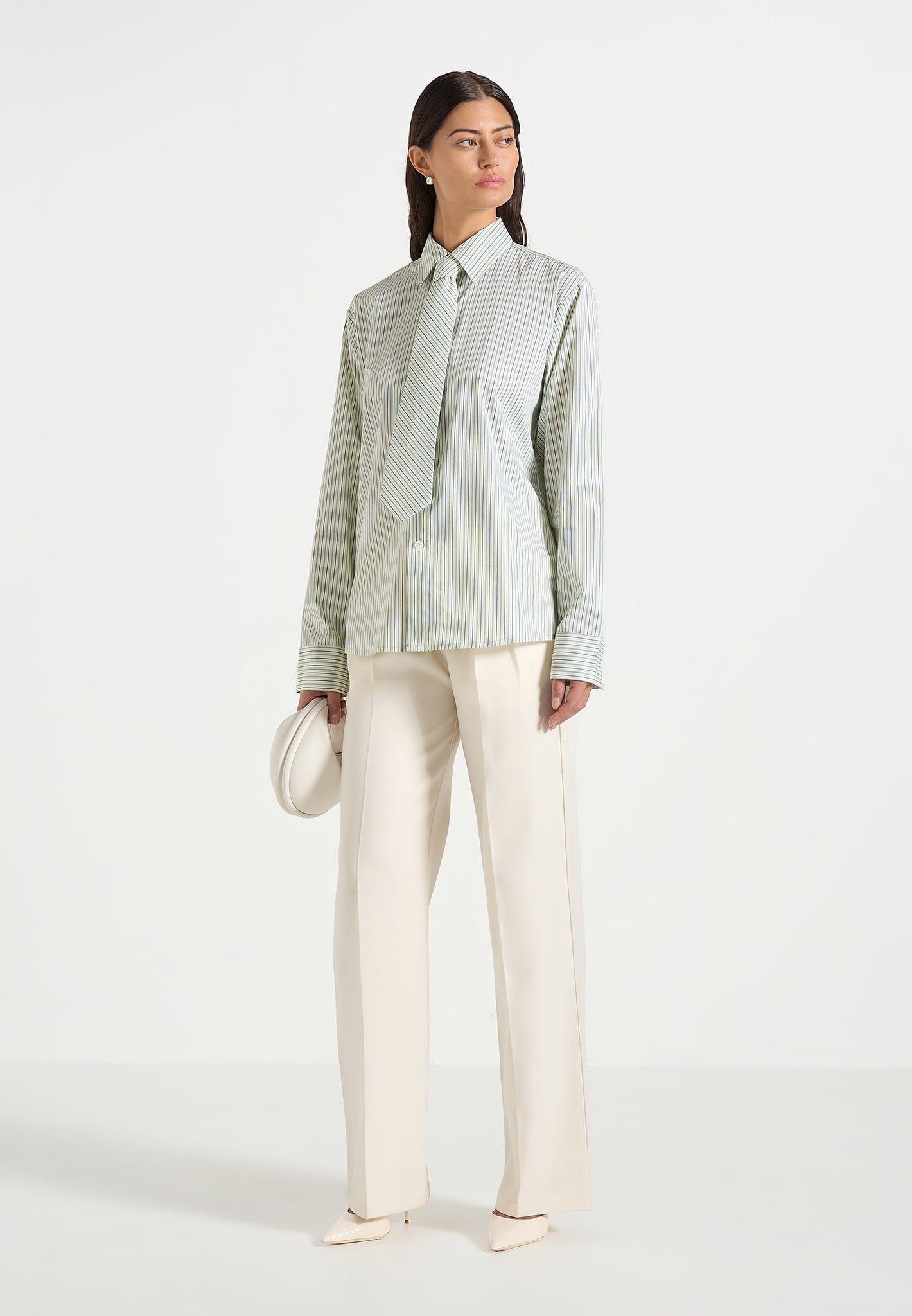 Dylan - Unisex Pinstripe Long Sleeve Shirt With Detachable Tie - Sage