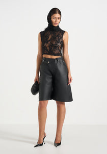 Hazel - Leather Wrapover Bermuda Shorts - Black