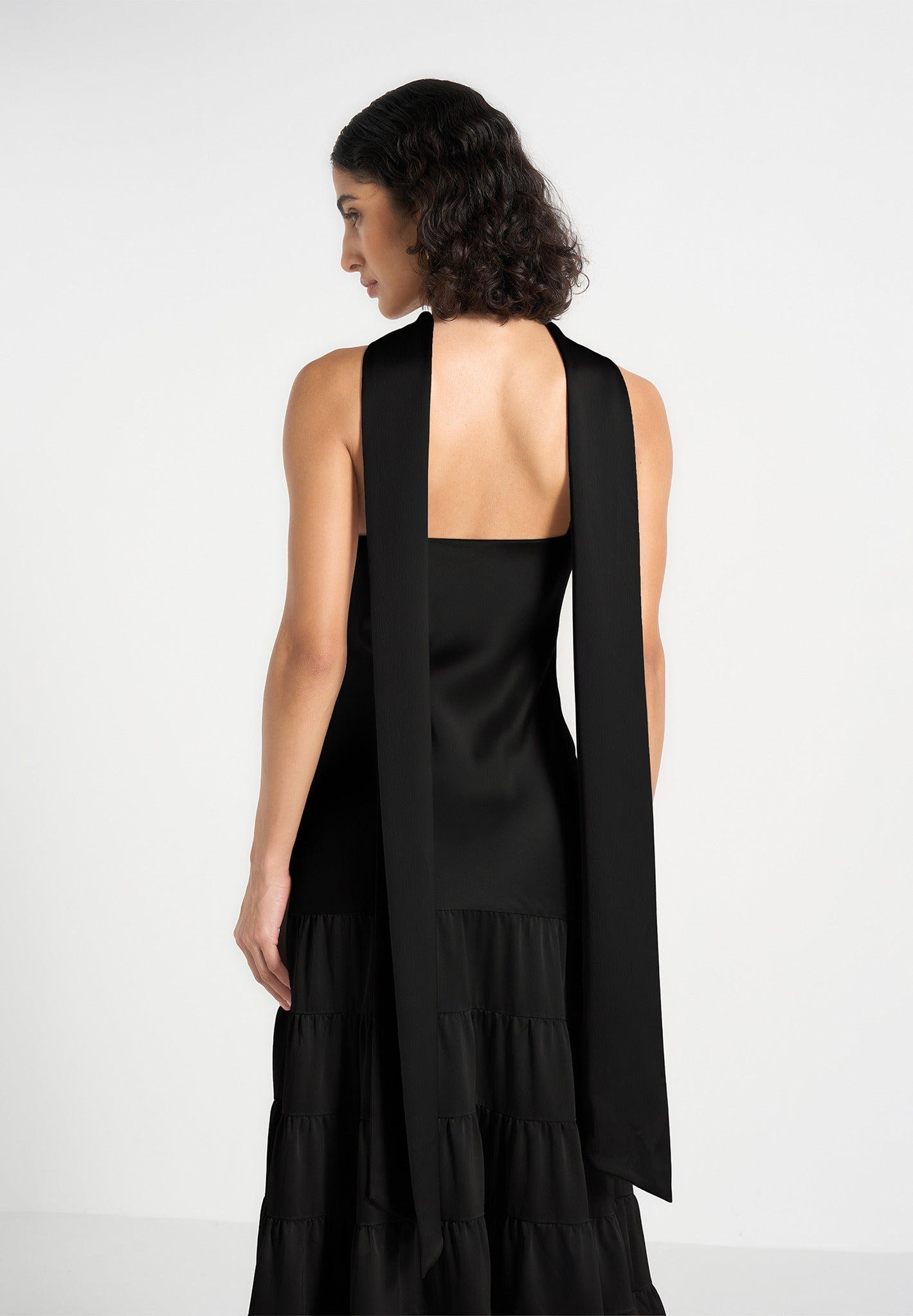 Naomi - Cami Satin Tiered Belted Maxi Dress - Black