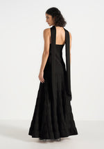 Naomi - Cami Satin Tiered Belted Maxi Dress - Black