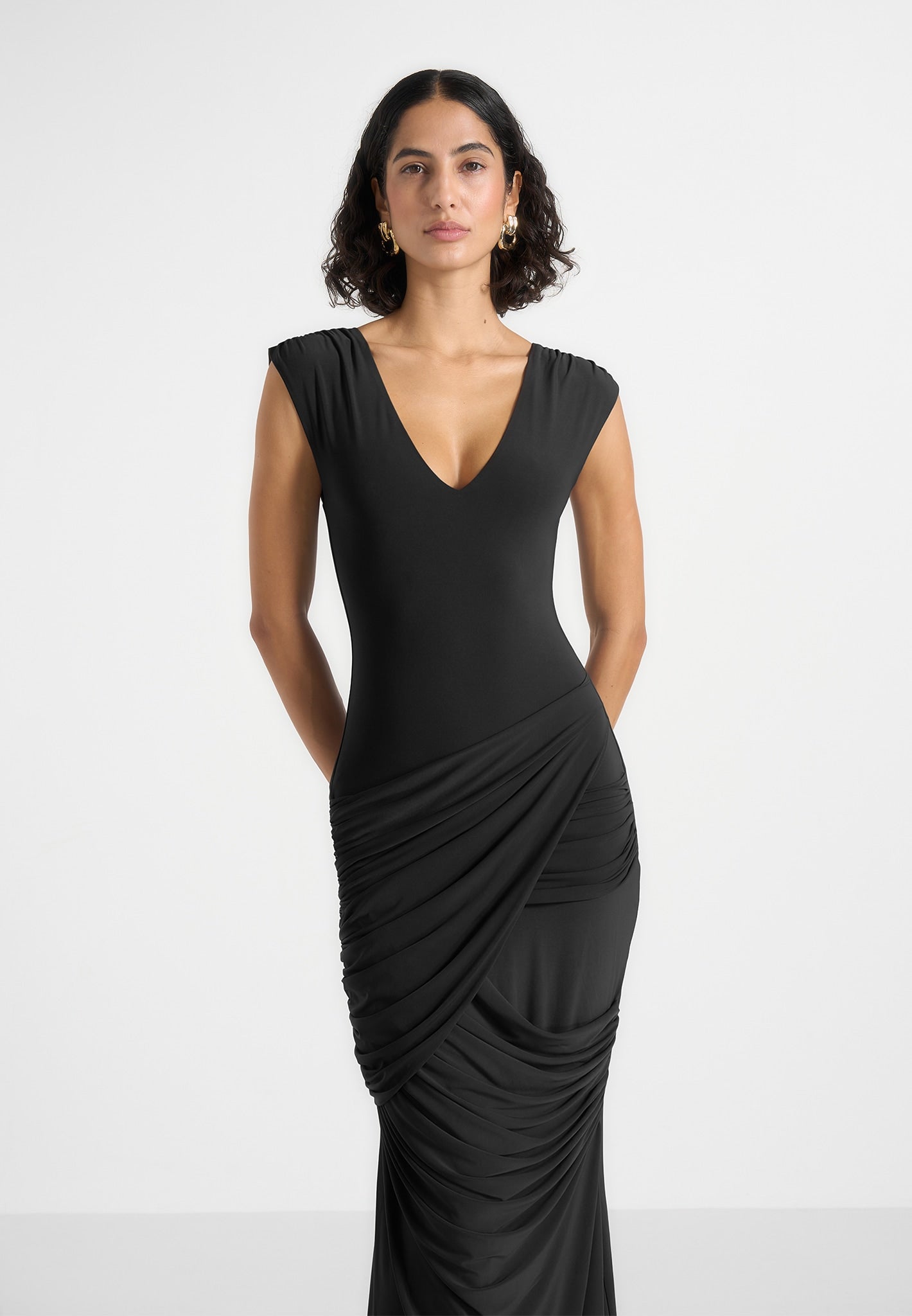 Bridget - V Neck Asym Ruched Maxi Dress - Black
