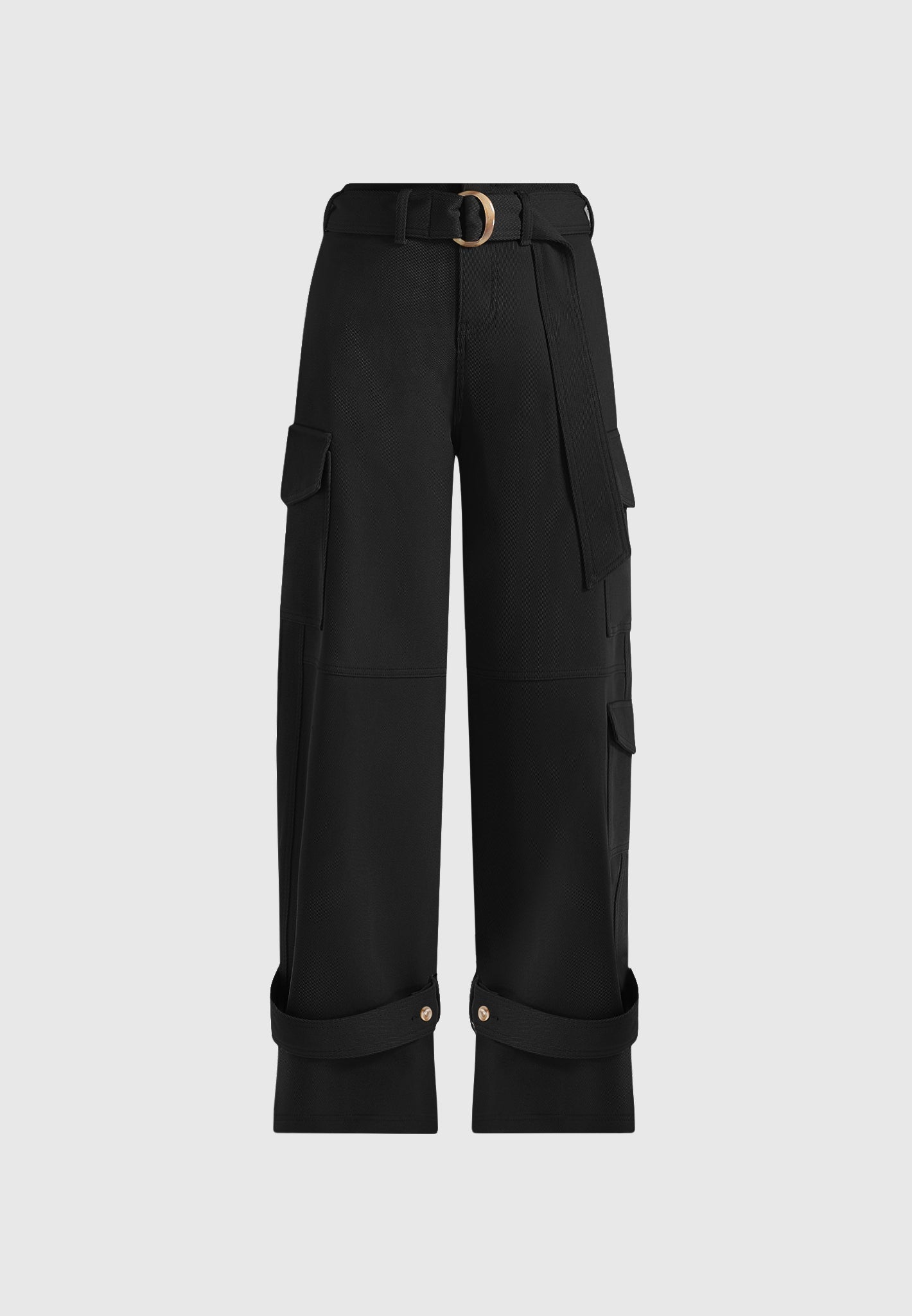 Natalie - Belted Wide Leg Strap Cuff Cargo Pant - Black