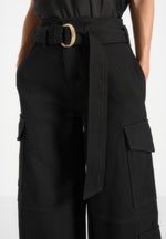 Natalie - Belted Wide Leg Strap Cuff Cargo Pant - Black