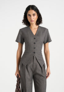 Yolanda - Tailored Peplum Waistcoat - Grey Speckle