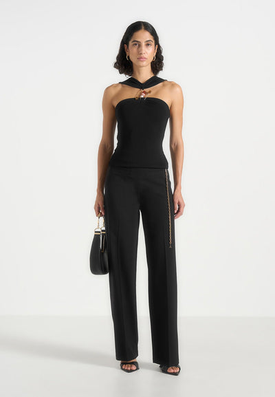 Abigail - Hardware Detail Open-Back Tie Crop Top - Black