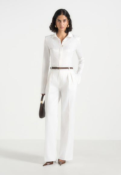 Julie - Satin Twin Pleat Pants - White