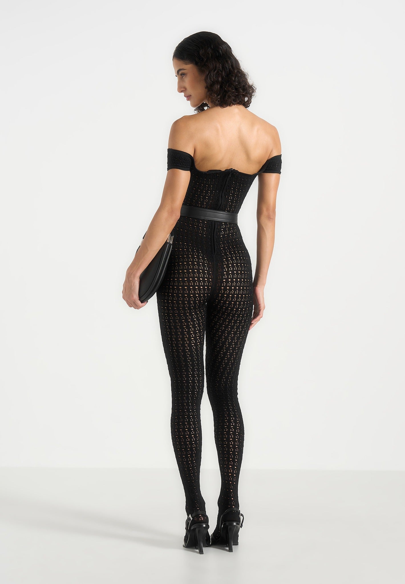 Martine - Pointelle Knit Bardot Jumpsuit with Belt - Black