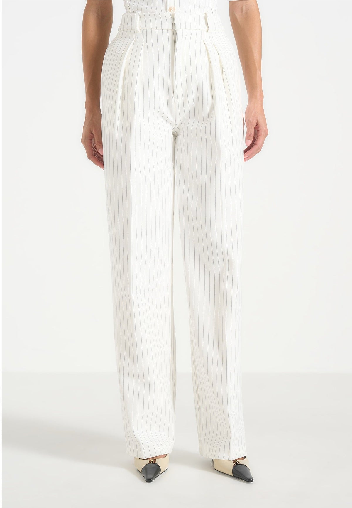 Julie - Pinstripe Twin Pleat Tailored Pants - White