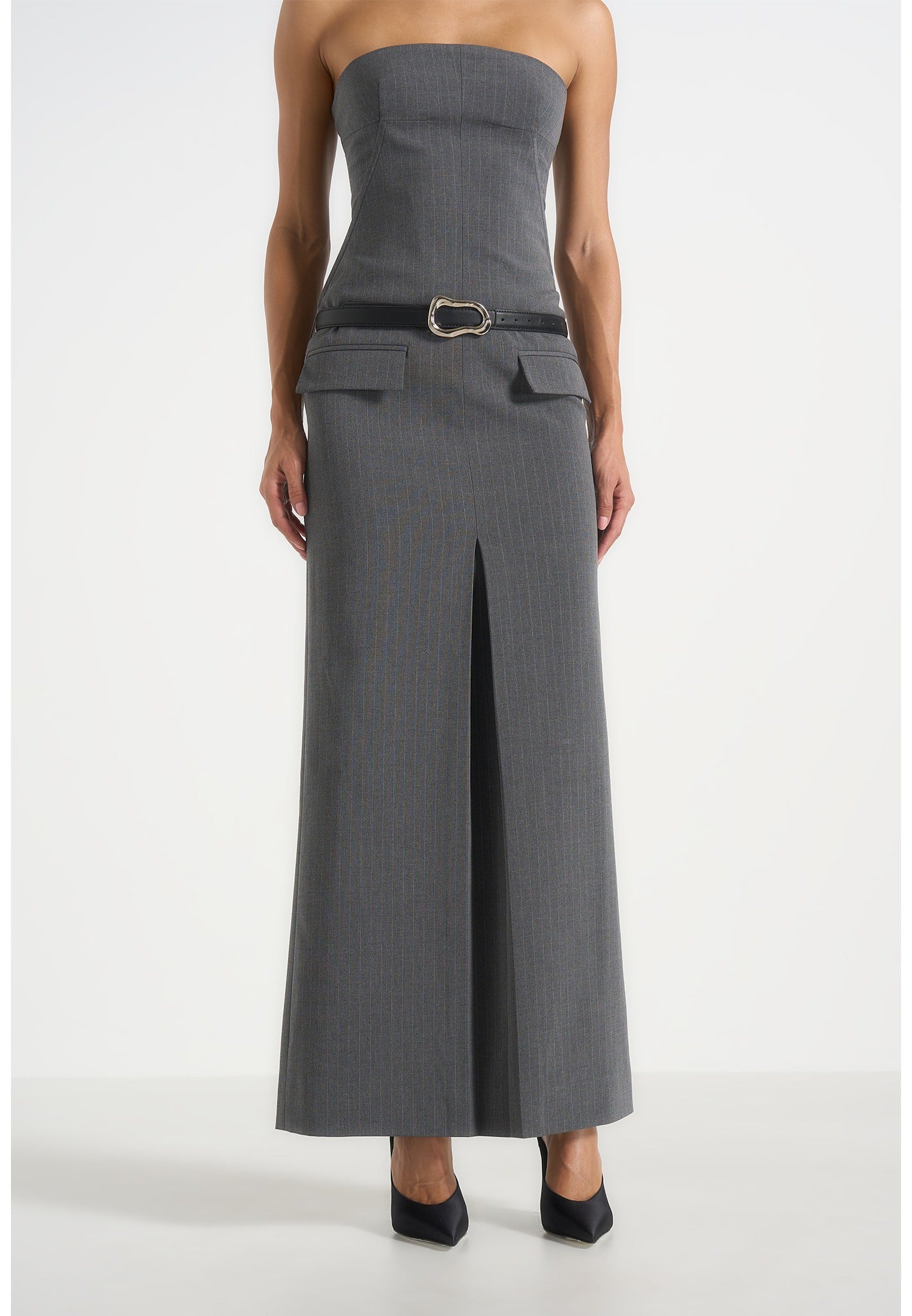Tabitha - Tailored Pinstripe Bandeau Belted Maxi Dress - Grey