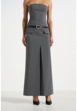 Tabitha - Tailored Pinstripe Bandeau Belted Maxi Dress - Grey