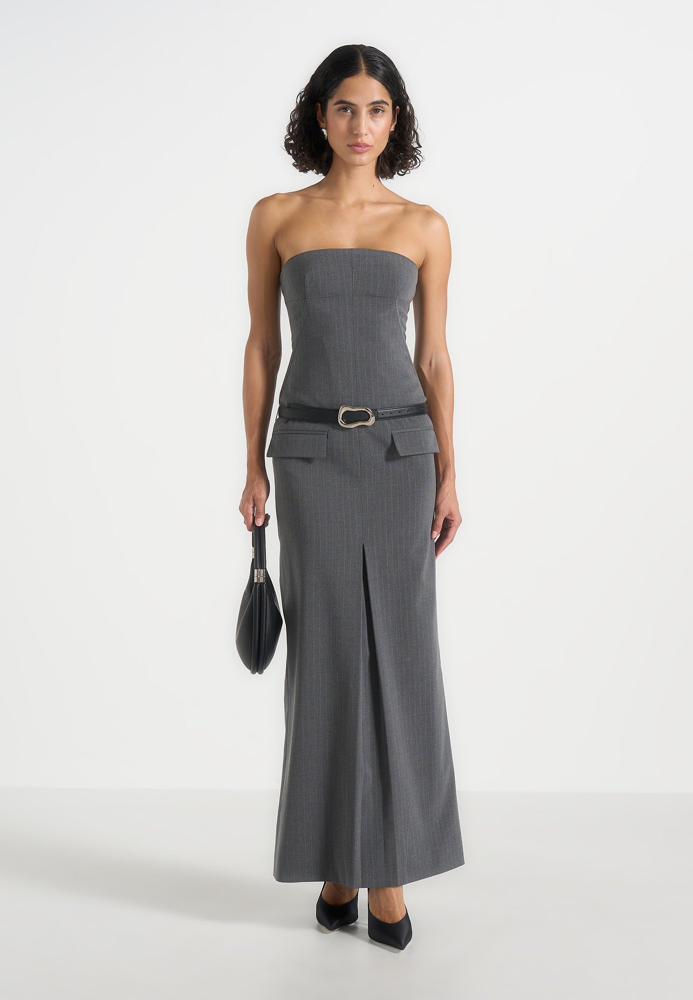 Tabitha - Tailored Pinstripe Bandeau Belted Maxi Dress - Grey 