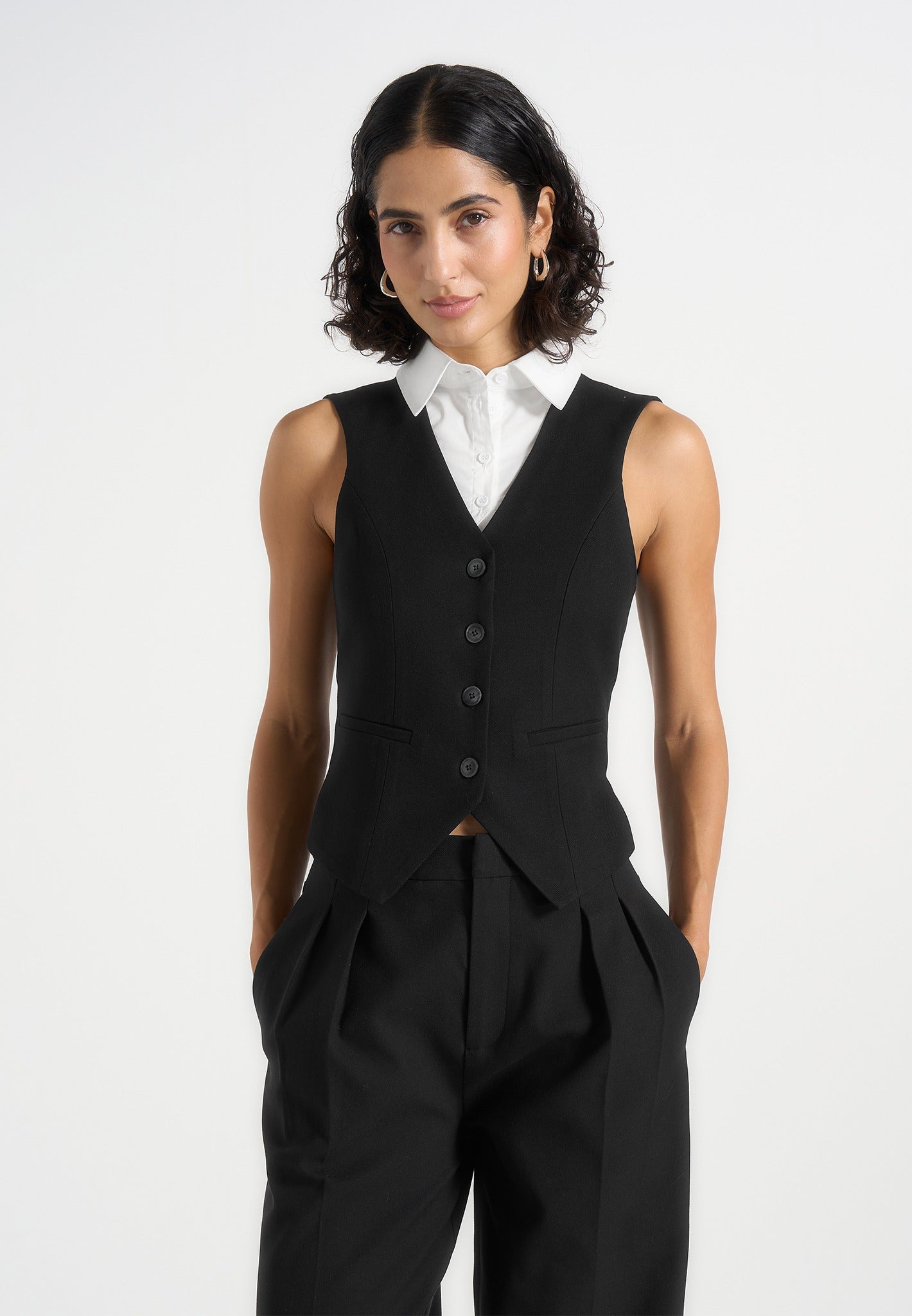 Irene - Collar Detail Cinched Waistcoat - Black/White 