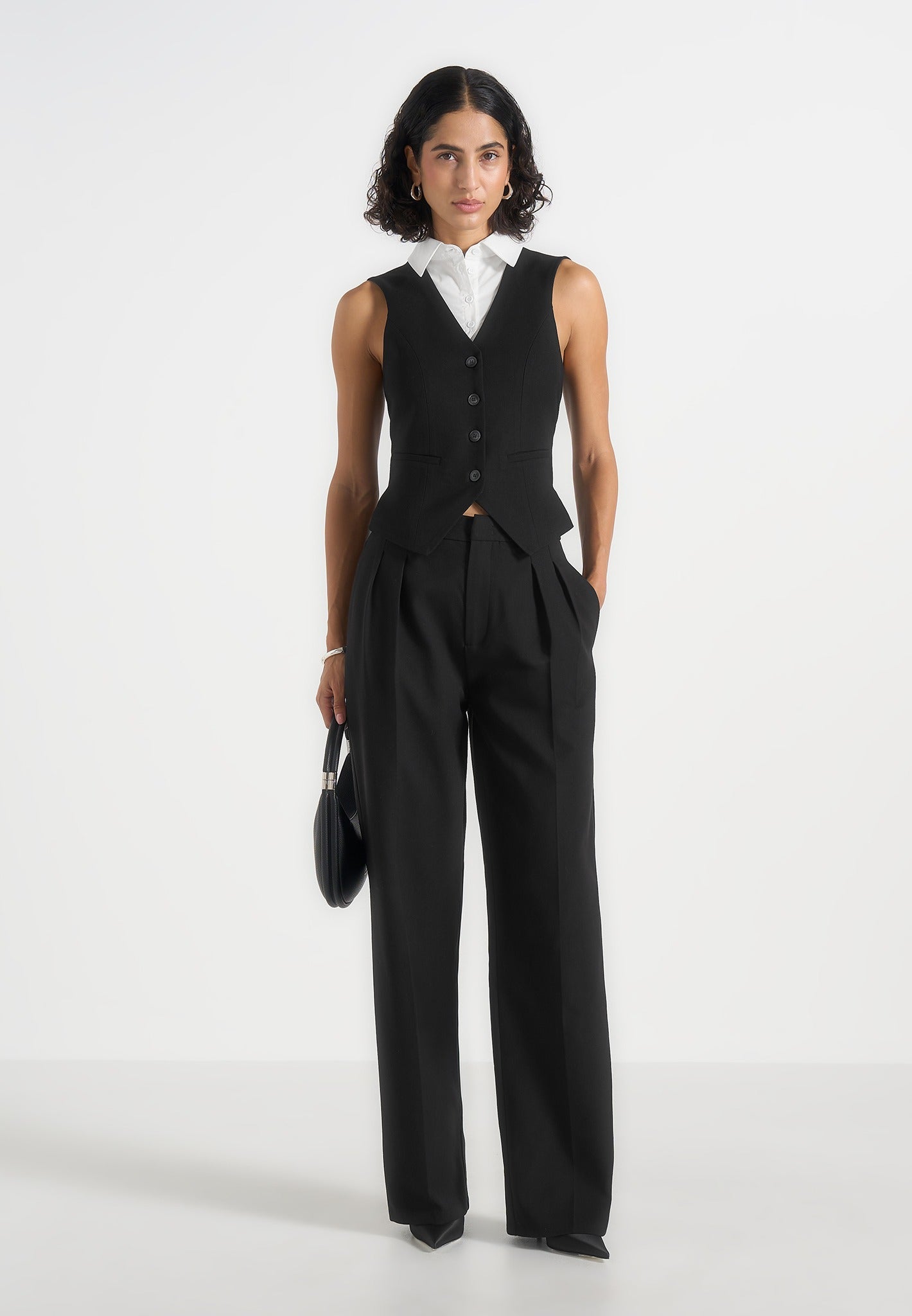 Irene - Collar Detail Cinched Waistcoat - Black/White 