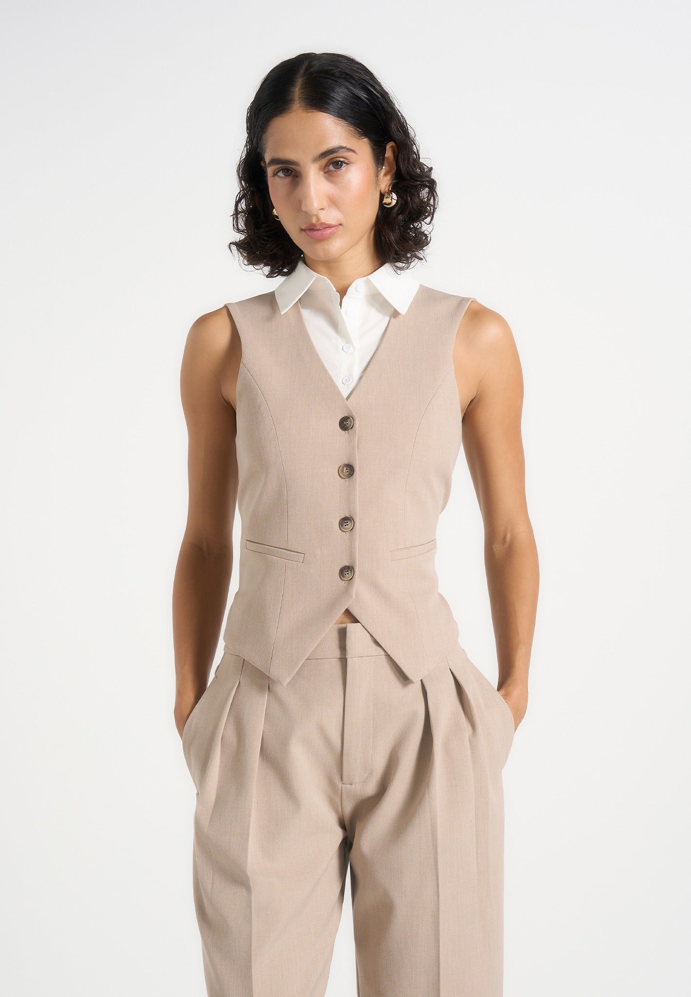 Irene - Collar Detail Cinched Waistcoat - Beige/White 