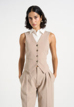 Irene - Collar Detail Cinched Waistcoat - Beige/White