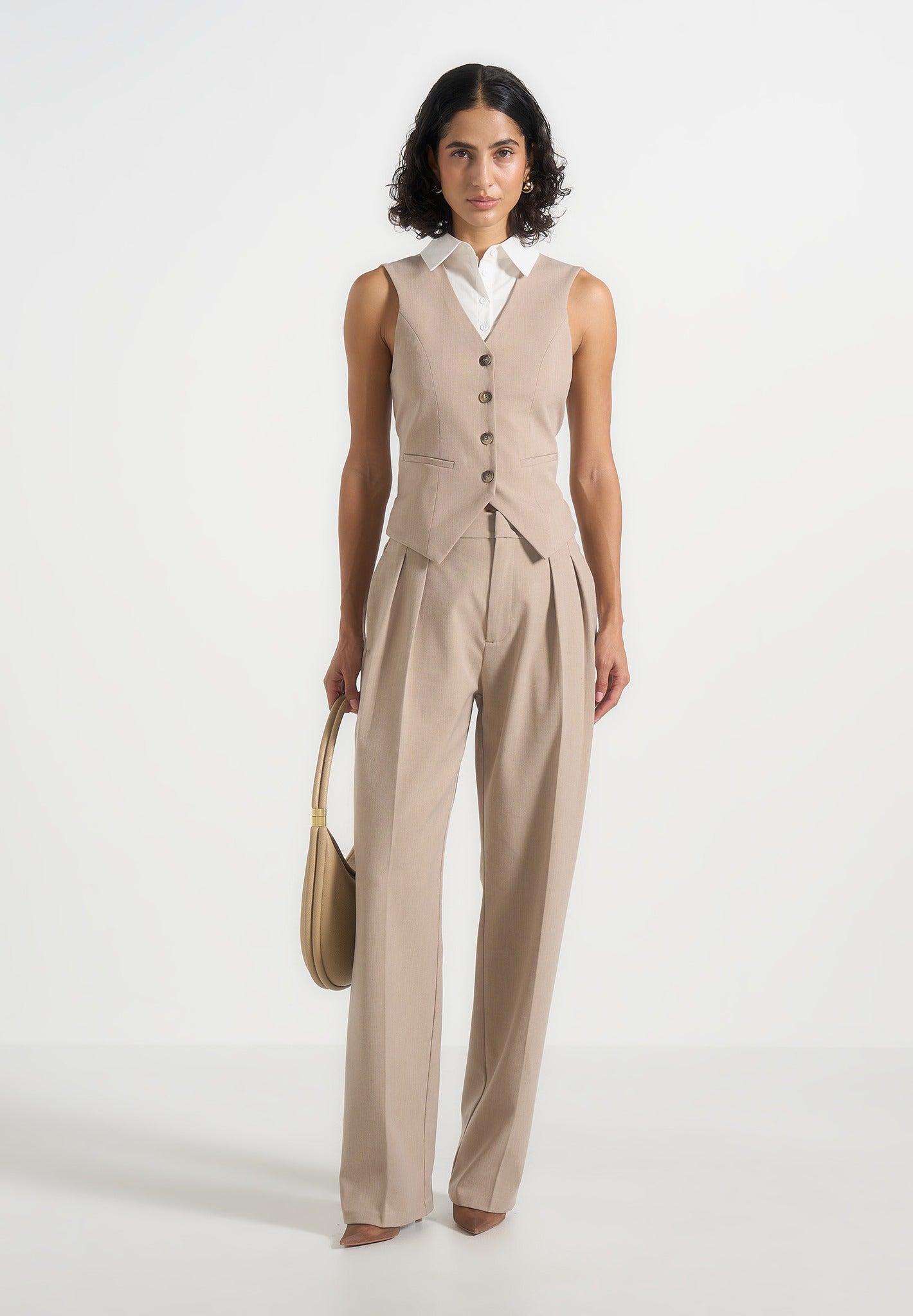 Irene - Collar Detail Cinched Waistcoat - Beige/White 