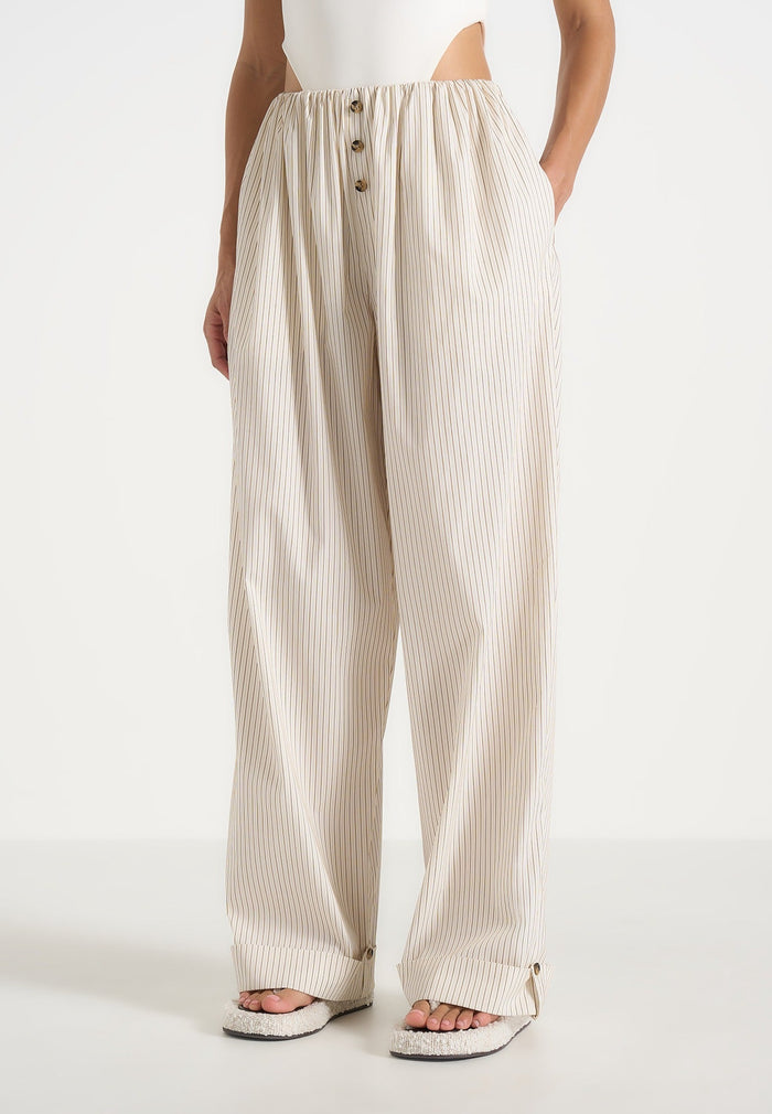 Ivanna - Elasticated Wide Leg Striped Cotton Pants - Cream