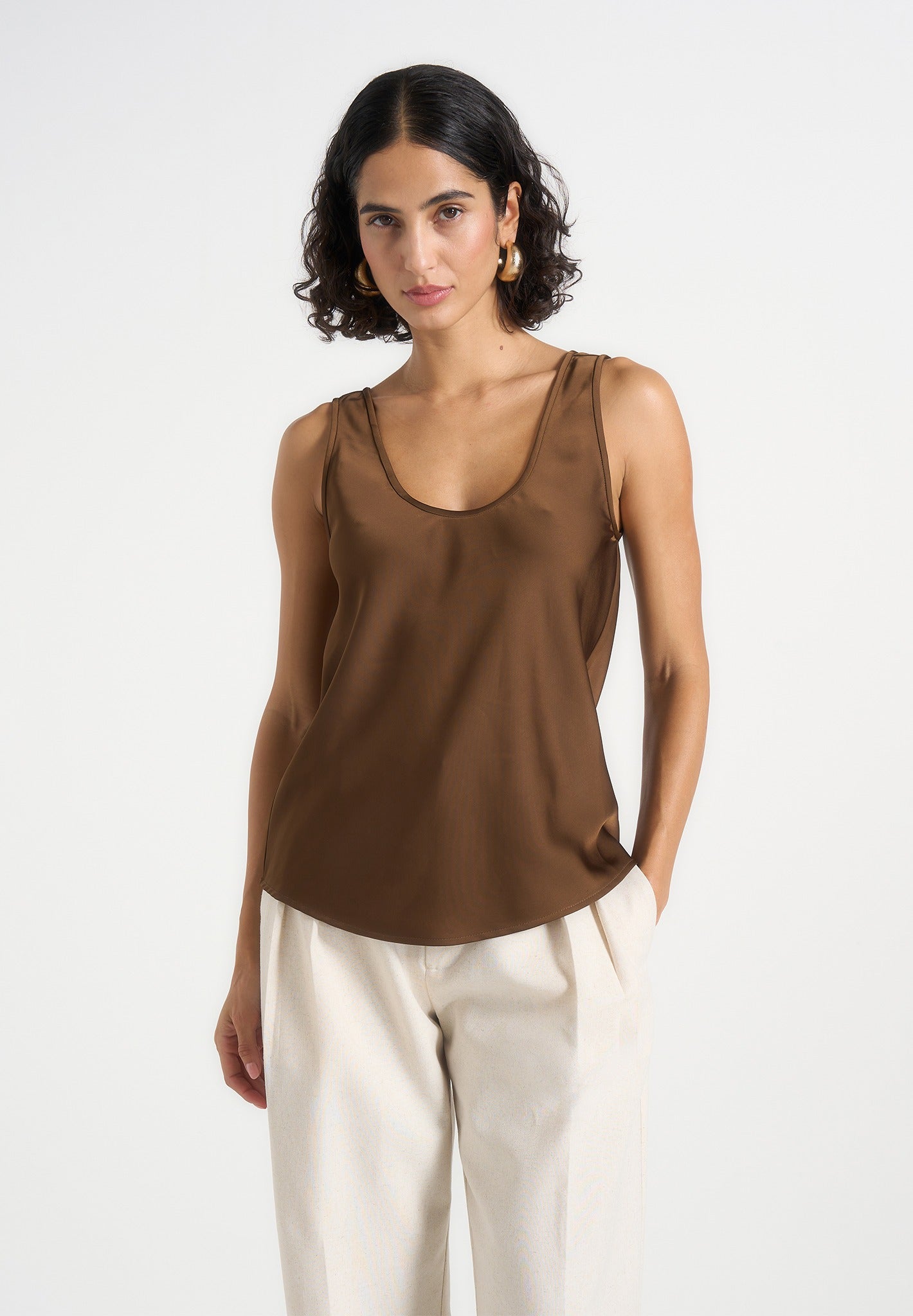 Mathilda - Satin Scoop Neck Open Back Vest - Brown 