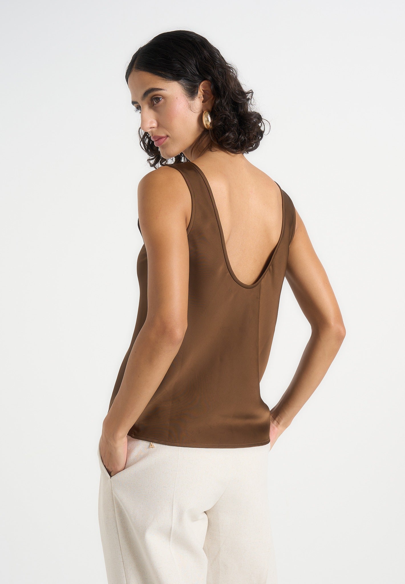 Mathilda - Satin Scoop Neck Open Back Vest - Brown 