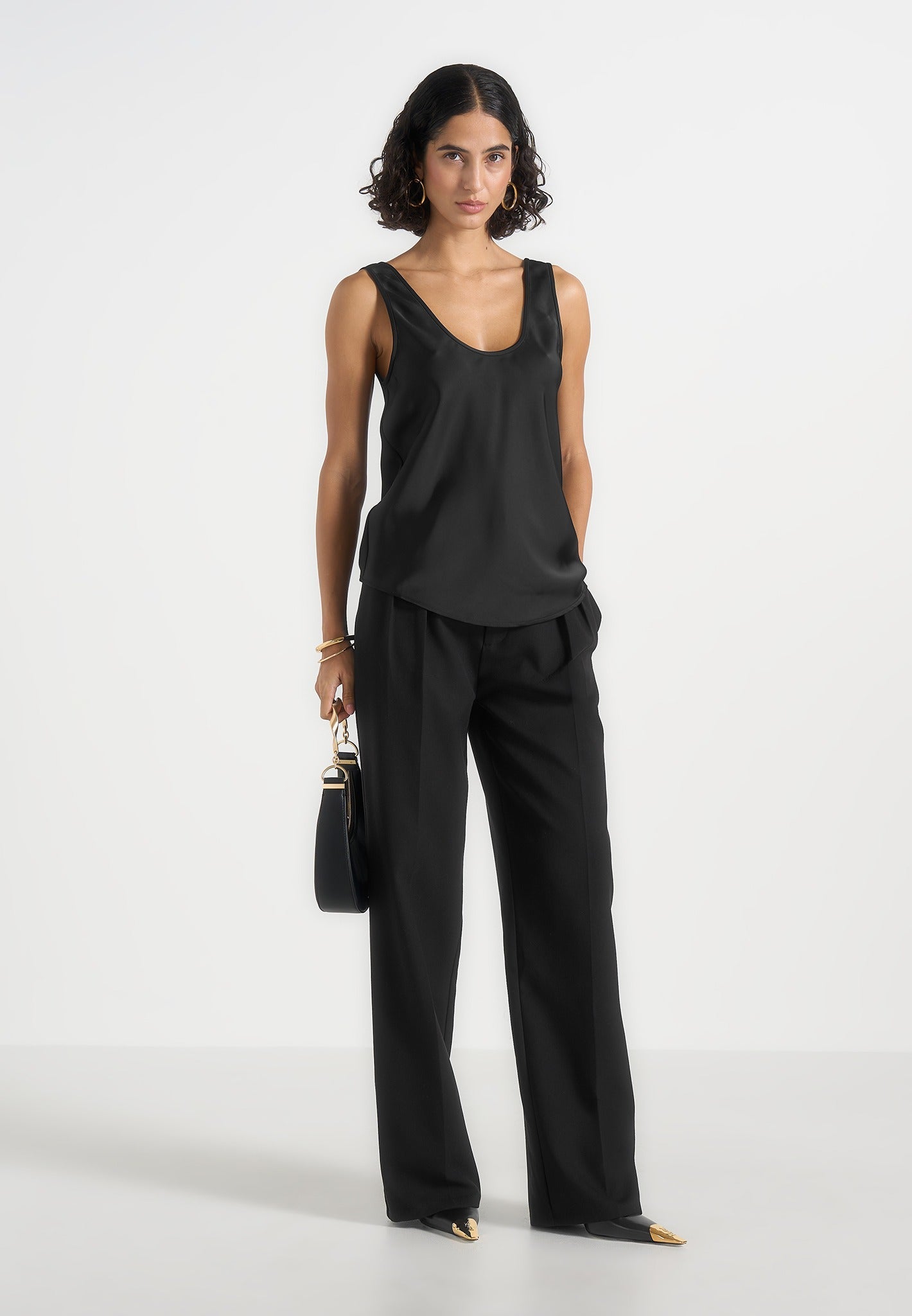 Mathilda - Satin Scoop Neck Open Back Vest - Black 