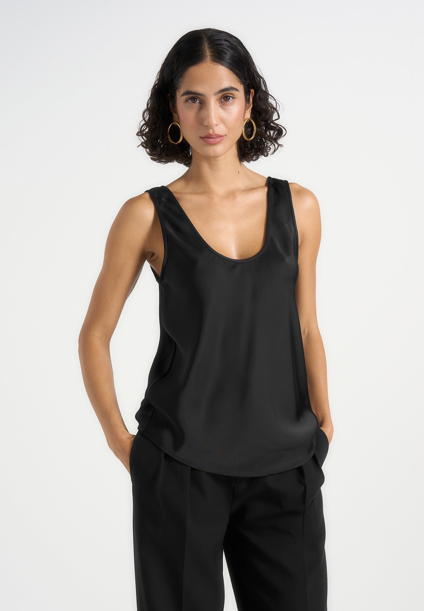 Mathilda - Satin Scoop Neck Open Back Vest - Black 