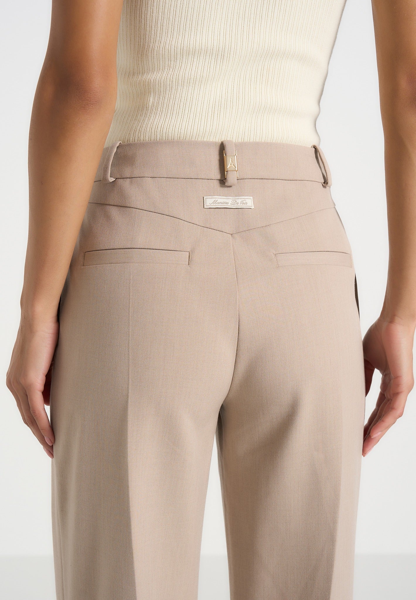 Darlene - Turn Up Detail Tailored Twin Pleat Pants - Beige