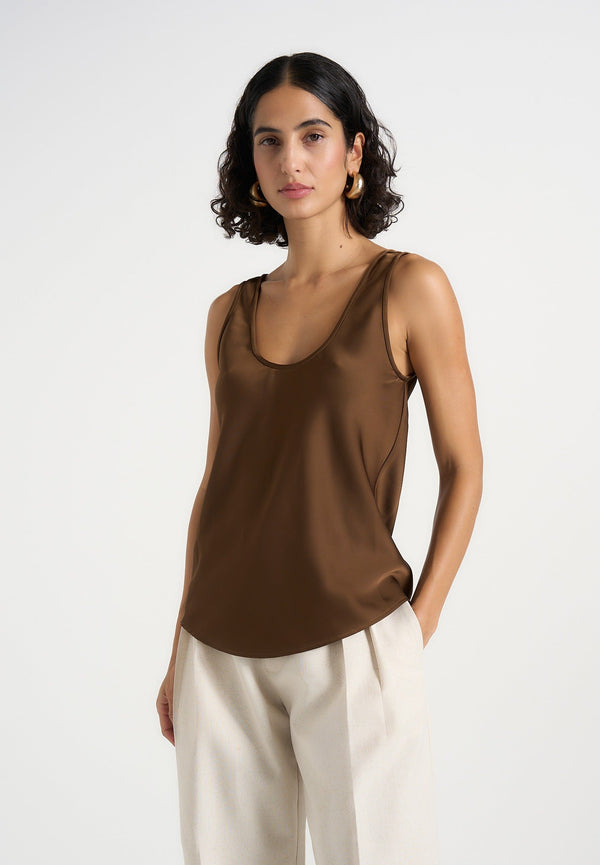 Mathilda - Satin Scoop Neck Open Back Vest - Brown