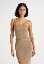 Danika - Metallic Rib Knit Belted Midi Dress - Gold