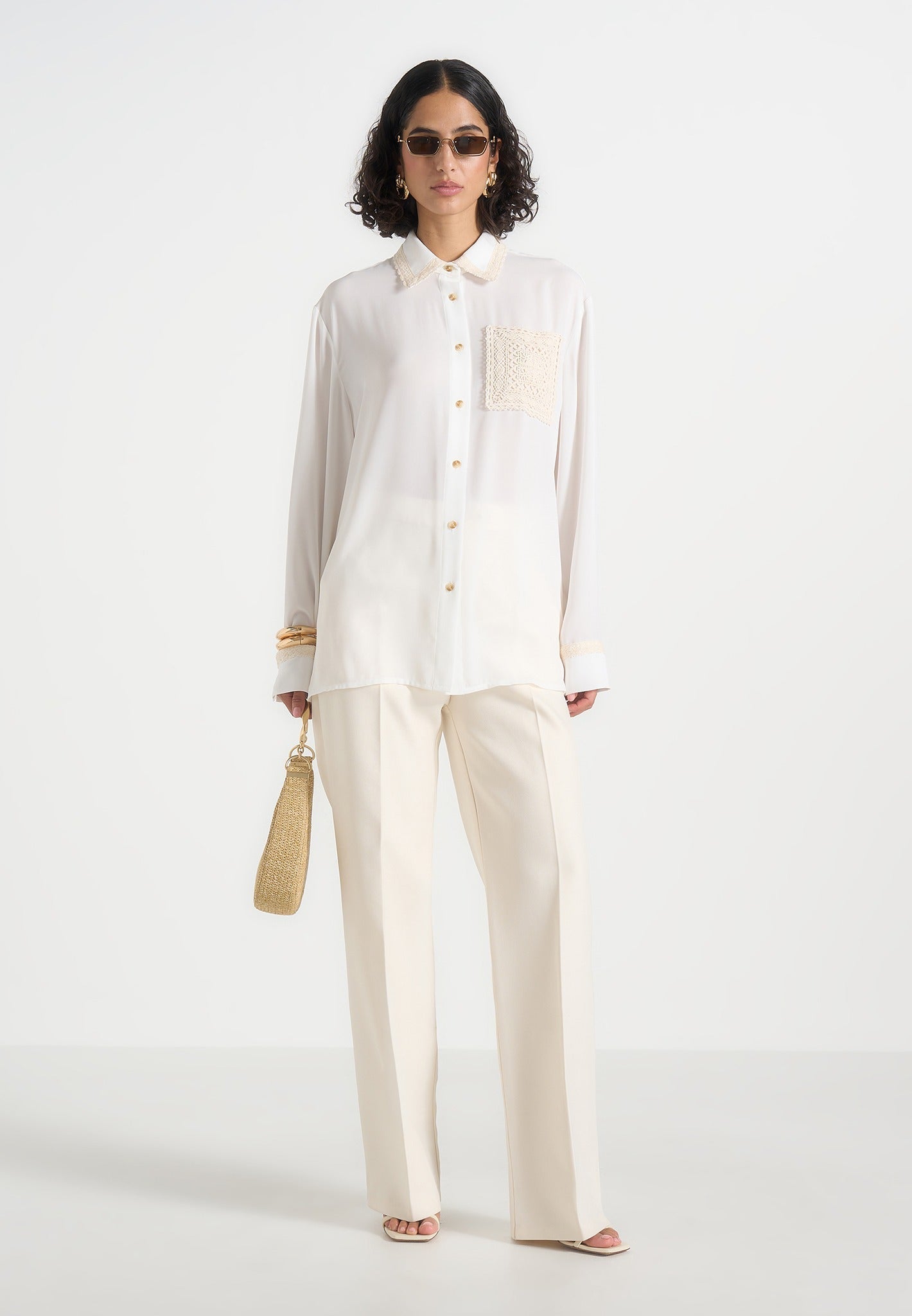 Mya - Crochet Detail Georgette Shirt - Off White 
