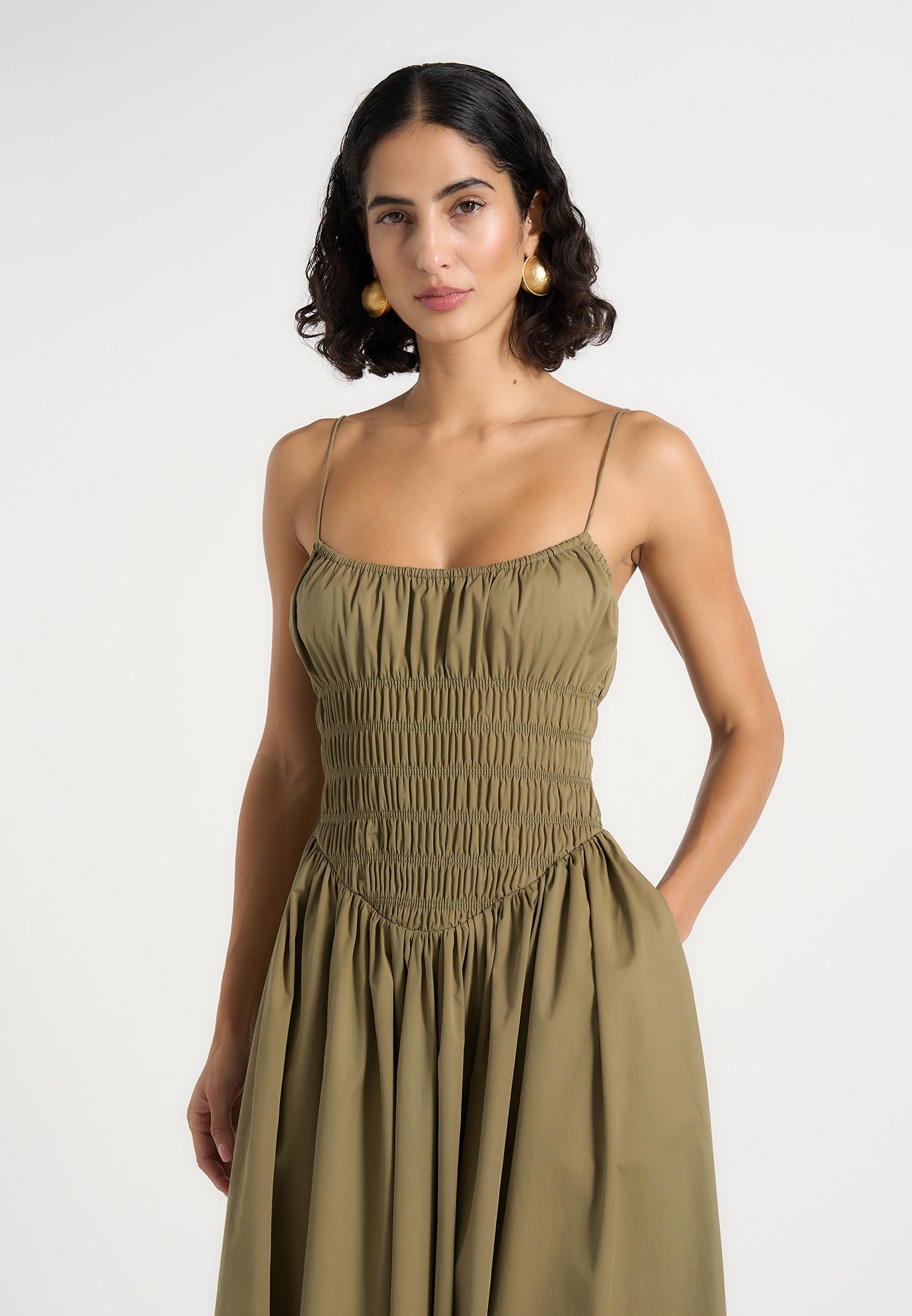 Elva - Smocked Waist Cotton Maxi Dress - Khaki