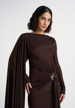 Edena - Asymmetric Ruched Draped Maxi Dress - Brown