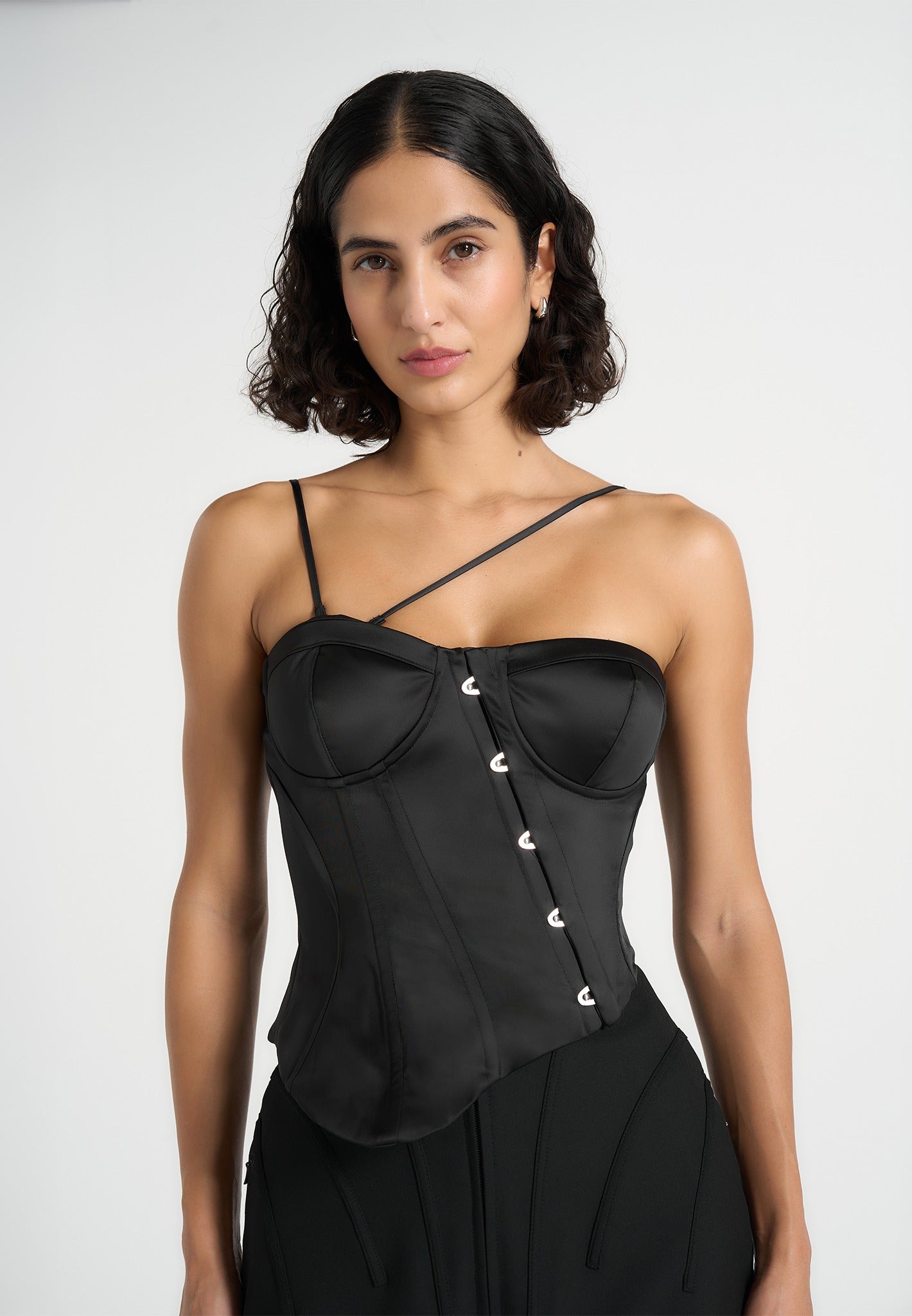 Aurelia - Asymmetric Satin Corset Top - Black 