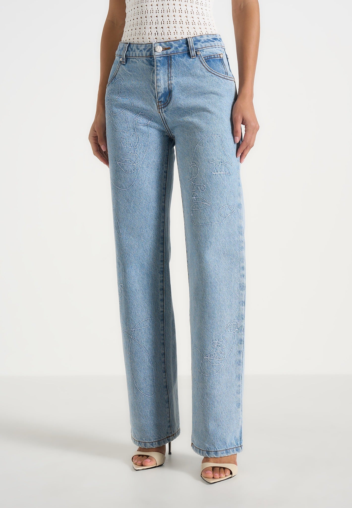Calista - Line Art Denim Jeans - Mid Blue 