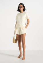 SH002 - Gathered Waist Cotton Shorts - Pale Yellow