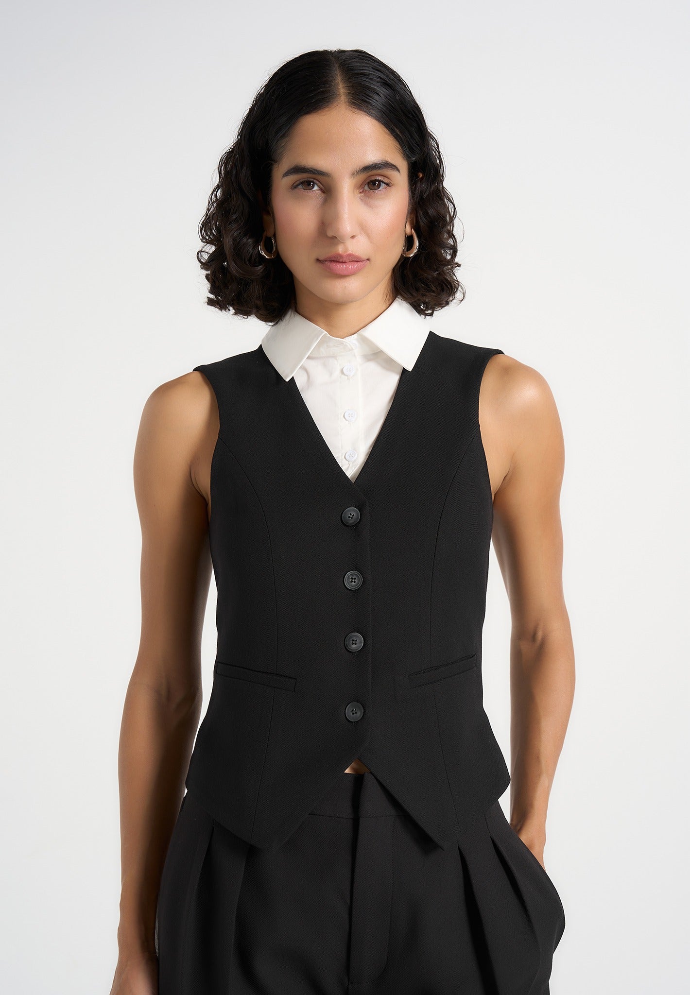 Irene - Collar Detail Cinched Waistcoat - Black/White