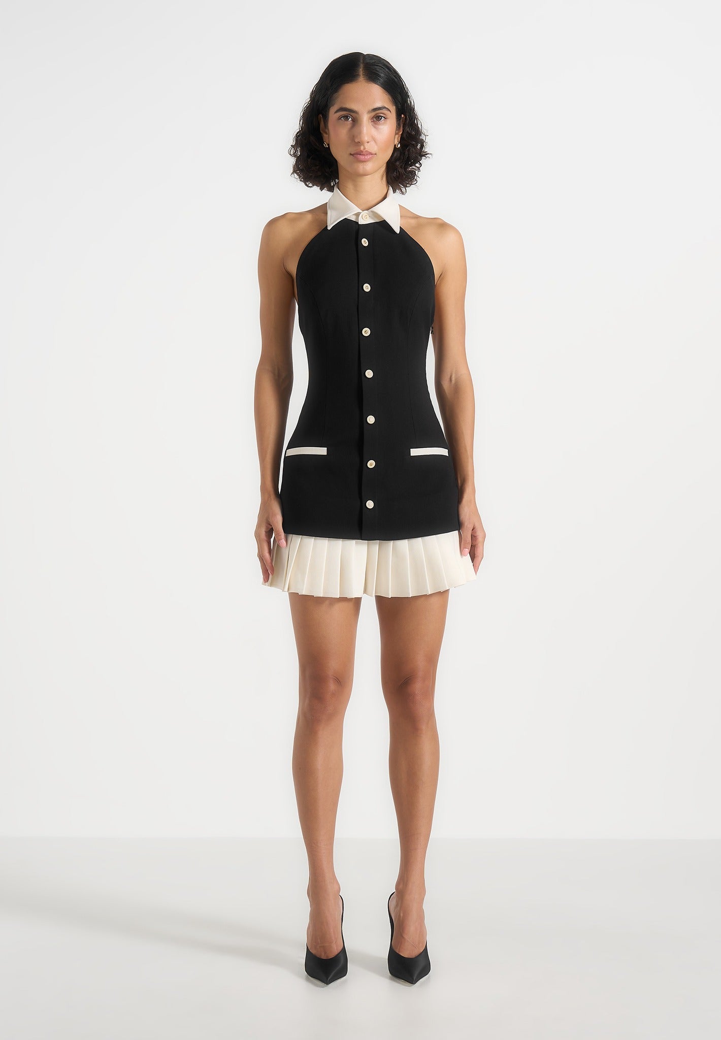 Jasmine - Halterneck Pleated Mini Dress - Black 