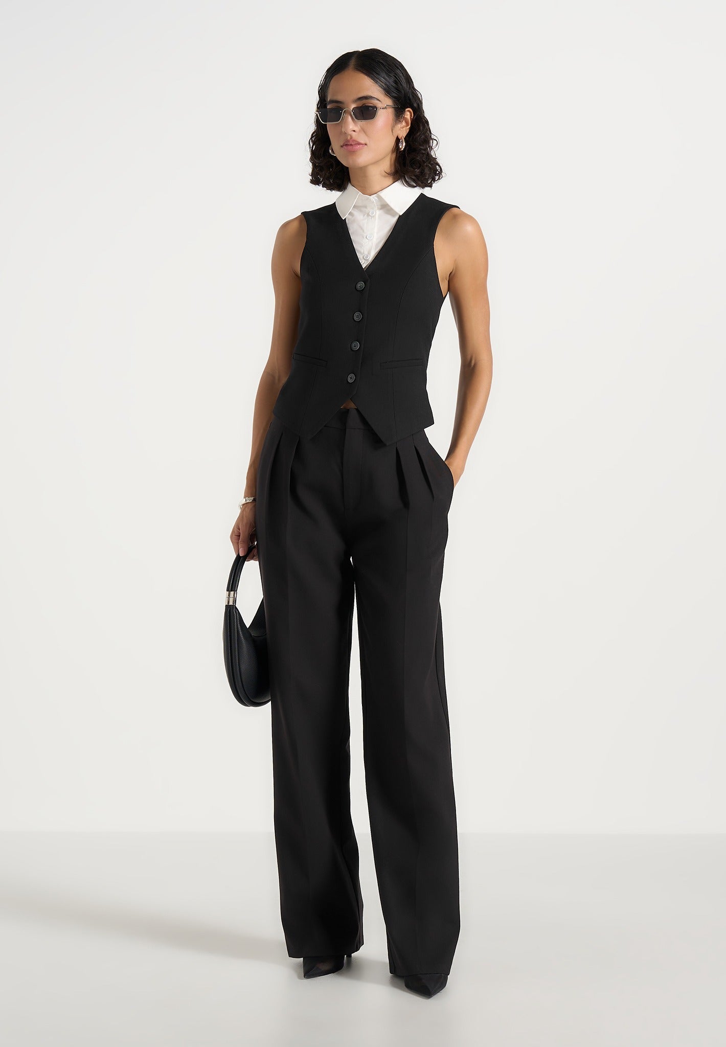 Irene - Collar Detail Cinched Waistcoat - Black/White 