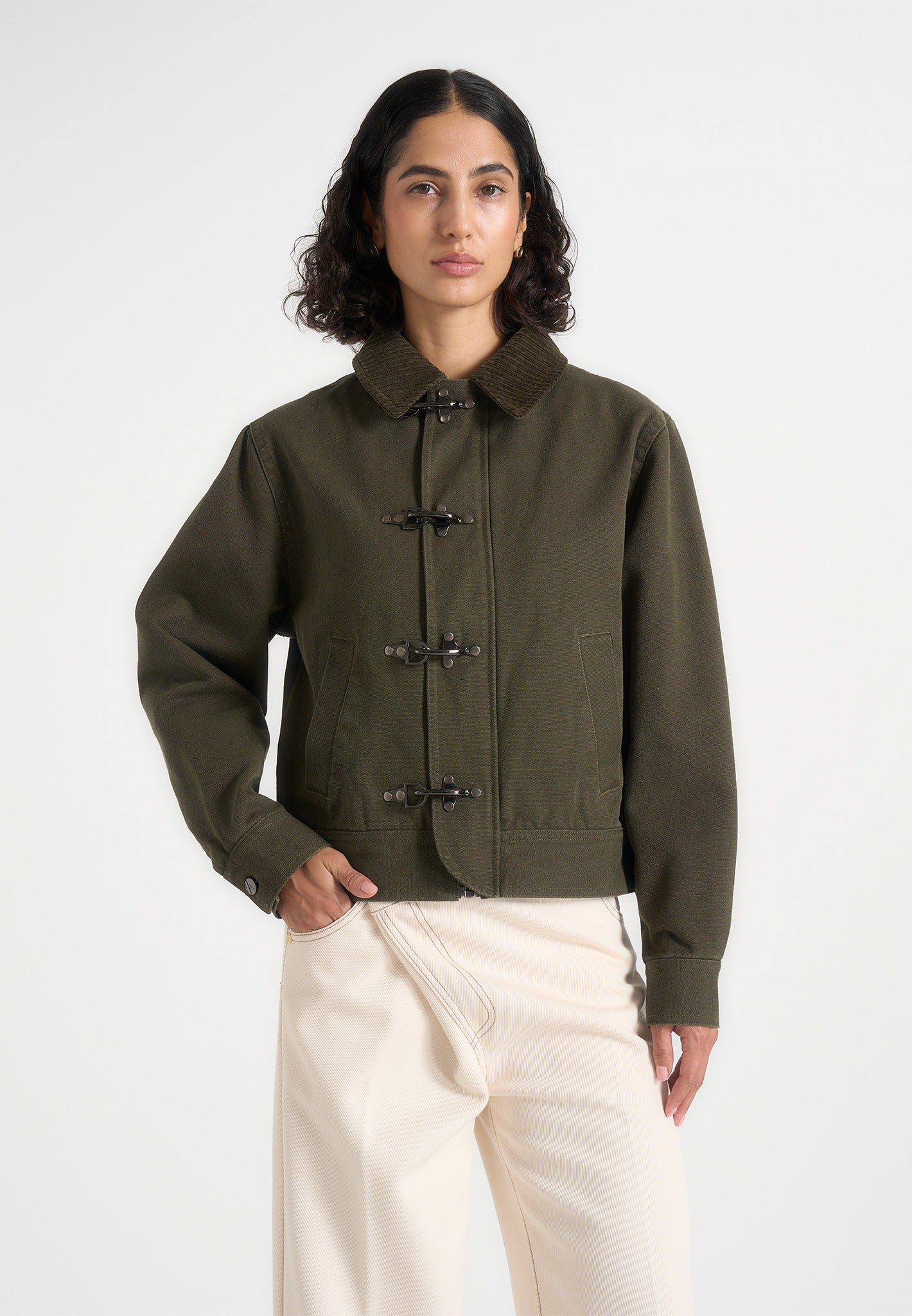 Nino - Clasp Detail Contrast Stitch Gabardine Jacket - Olive 