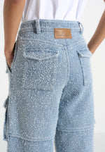 Anne - High Waisted Boucle Denim Cargo Pants - Mid Blue