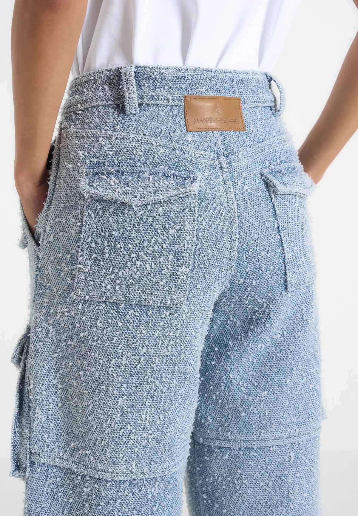 Anne - High Waisted Boucle Denim Cargo Pants - Mid Blue