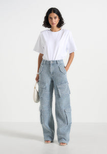 Anne - Denim High Waisted Boucle Cargo Pants - Mid Blue