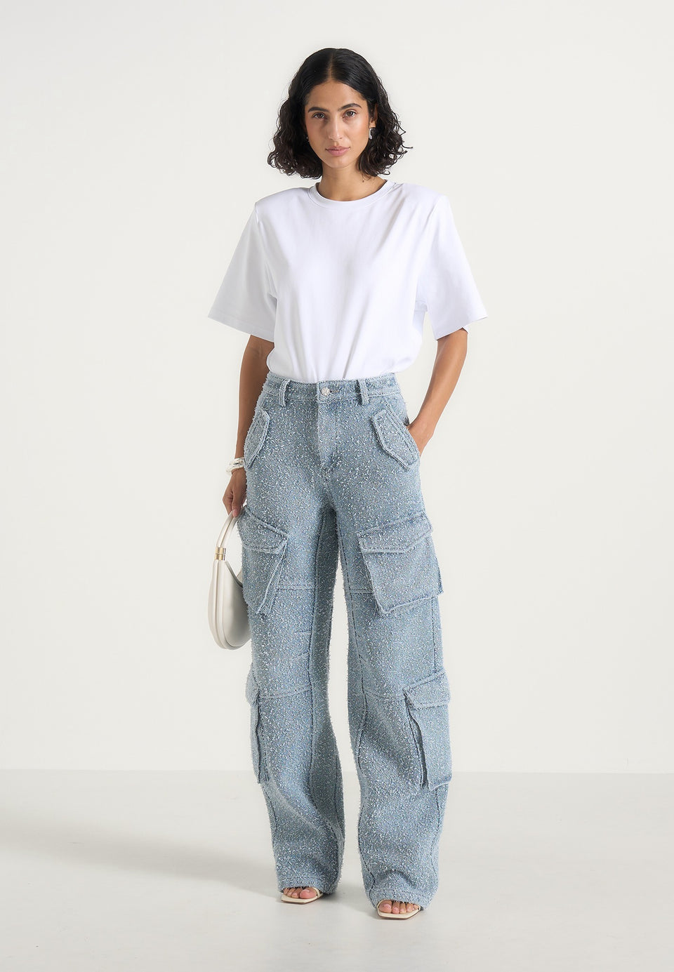 Anne - High Waisted Boucle Denim Cargo Pants - Mid Blue