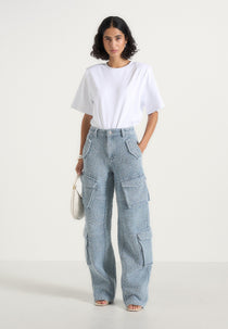 Anne - High Waisted Boucle Denim Cargo Pants - Mid Blue