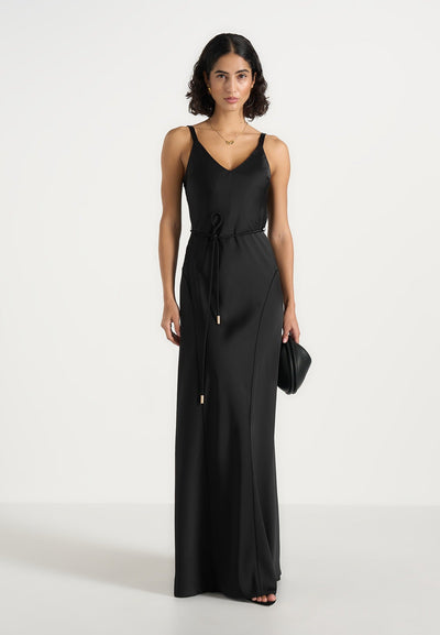 Saffron - Satin Belted Maxi Dress - Black