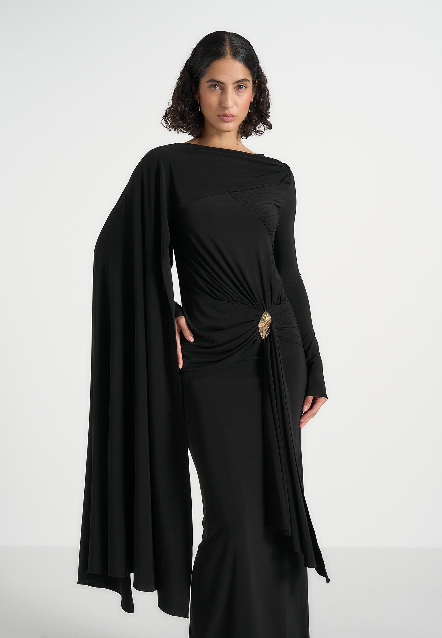 Edena - Asym Ruched Draped Maxi Dress - Black