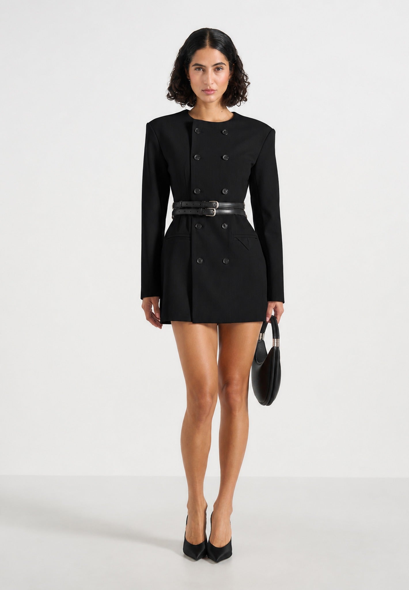 Sierra - Double Breasted Belted Blazer Dress - Black 
