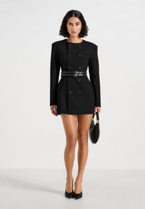 Sierra - Double Breasted Belted Wool-Blend Blazer Dress - Black